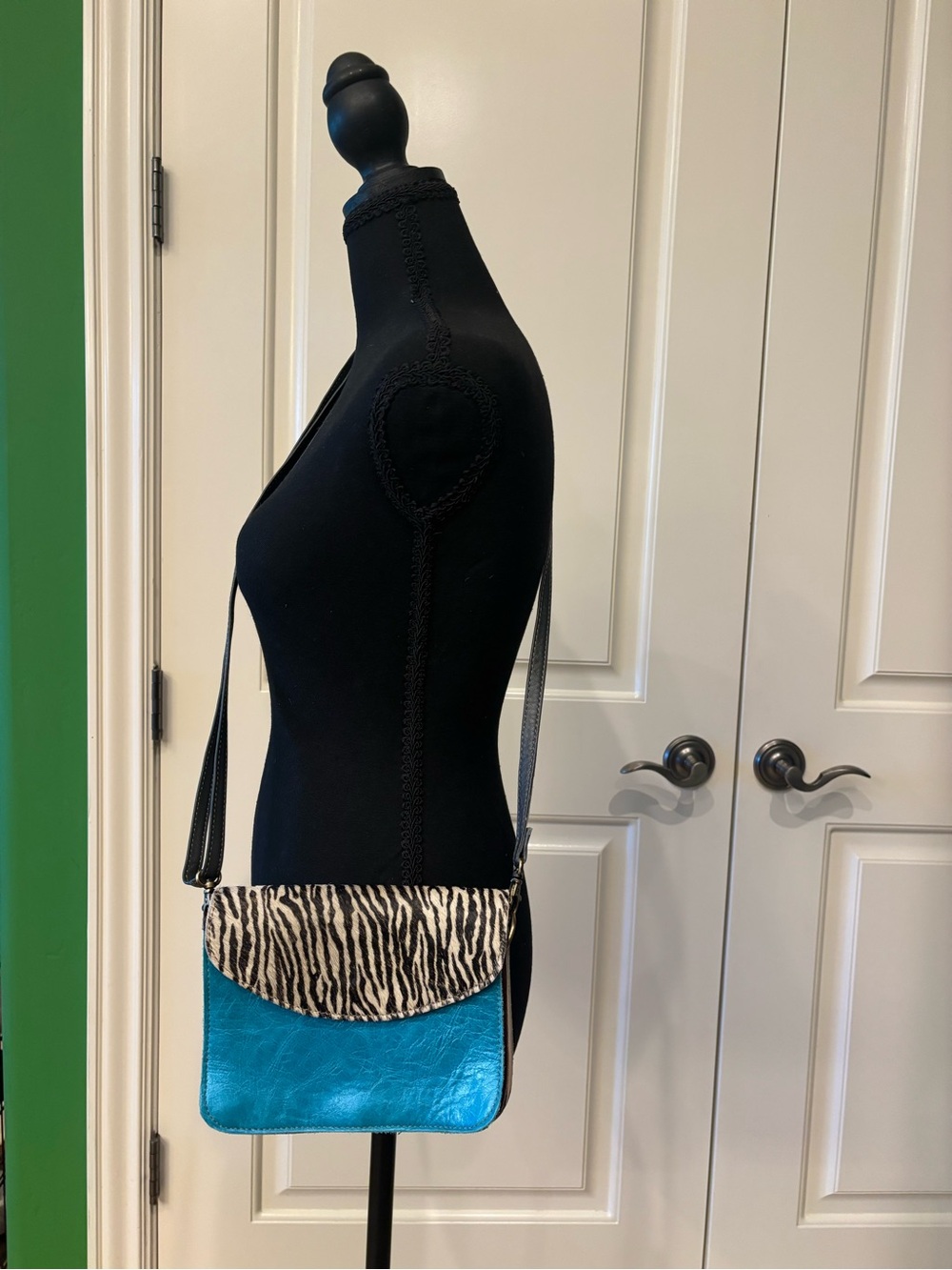 Turquoise Leather Crossbody with Zebra Print Flap
